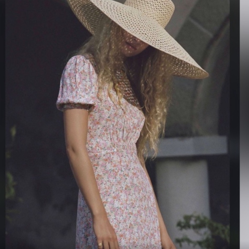 Faithful the Brand floral pink puff sleeve midi dress